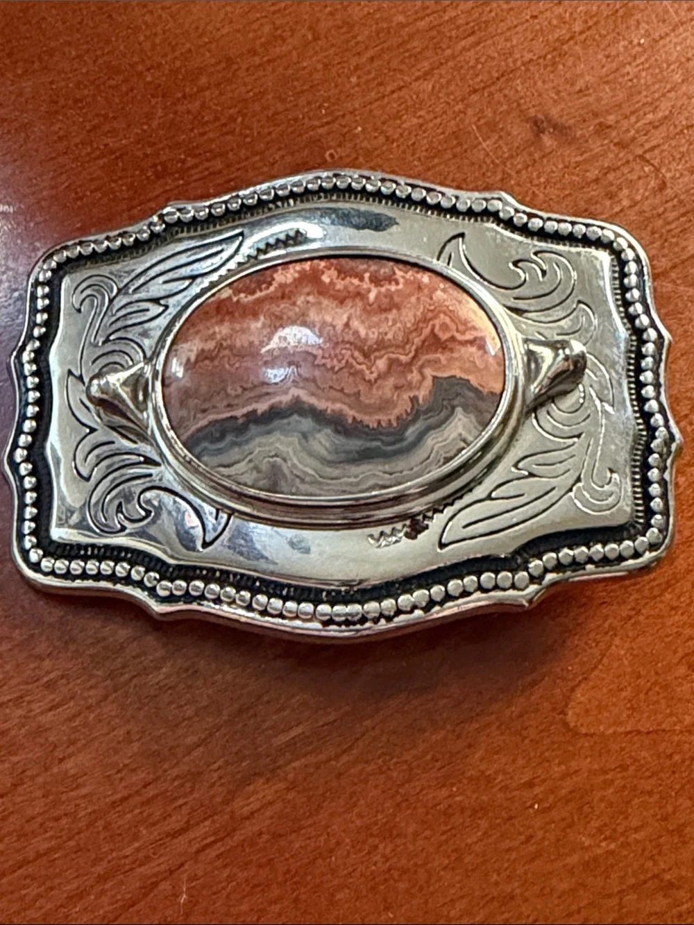 Silver-Tone Decorative Stone Accent belt buckle  in orange  and Gray agate